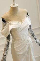 Unique Mermaid Off The Shoulder Pleats Satin Long Sleeves Wedding Dresses Brides Dress